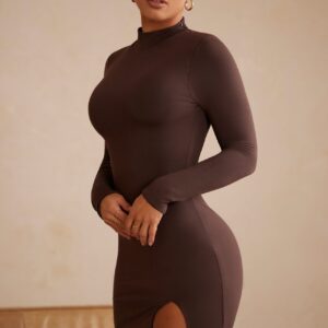 High Neck Long Sleeve Mini Dress in Chocolate