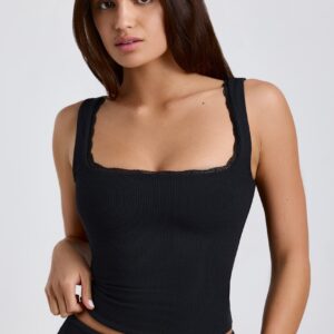 Ribbed Modal Lace-Trim Tank Top in Black
