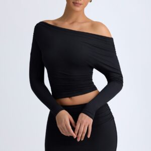 Modal One-Shoulder Ruched Top in Black